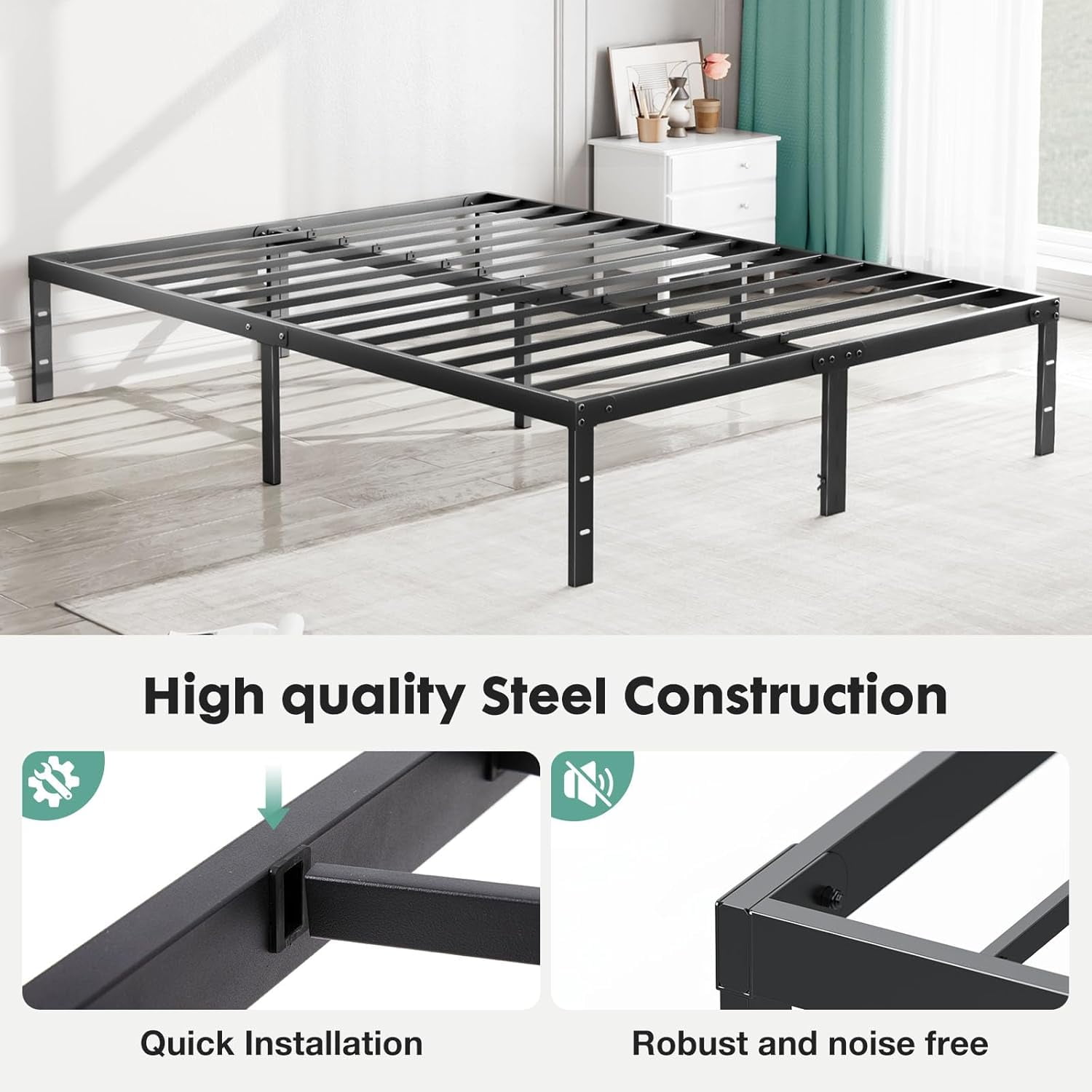 ACCVER King Size 14" Heavy Duty Metal Platform Bed Frame with Steel Slat Support, Ample Under-Bed Storage, No Box Spring Needed