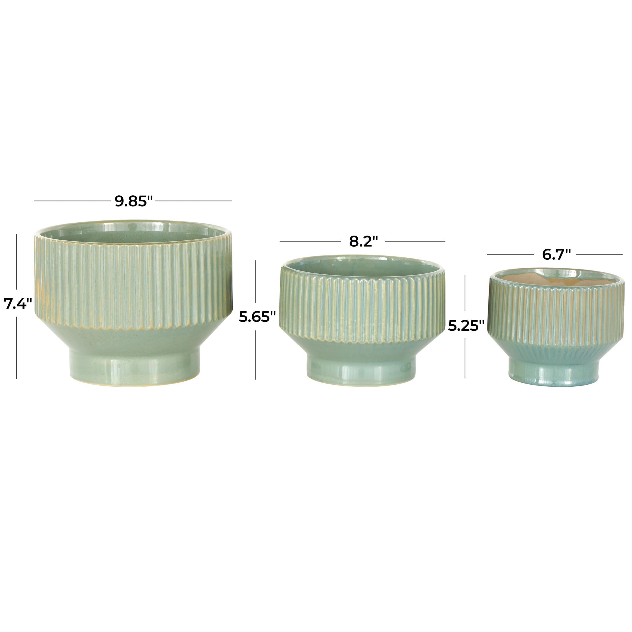 DecMode 10", 8" and 7"W Wide Green Ceramic Planter with Linear Grooves and Tapered Bases (3 Count)