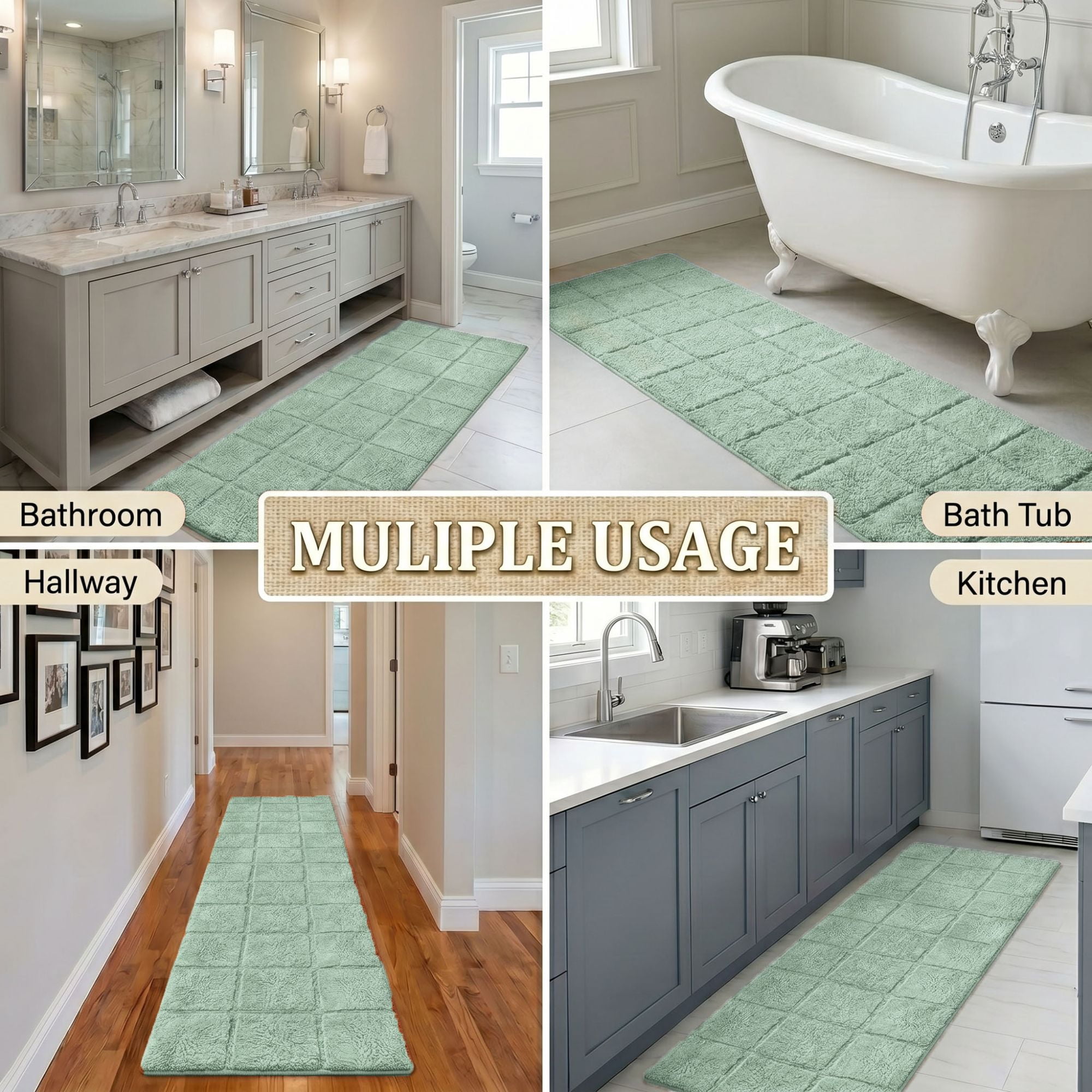 Superior Checkered Cotton Washable Non-Slip Bath Rug, Runner Size, Sage