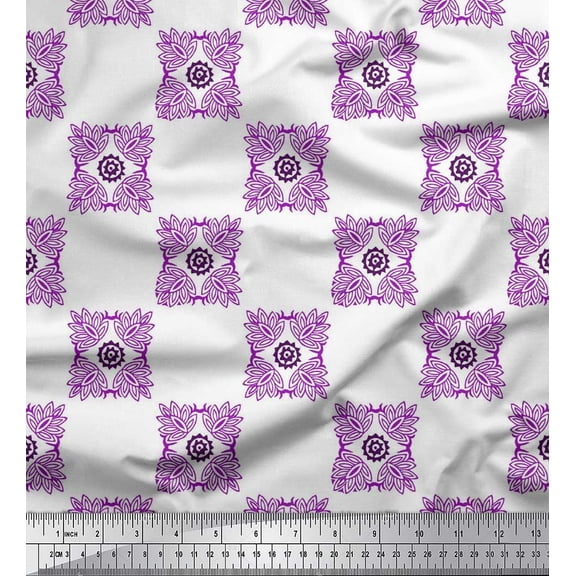 Soimoi Purple Silk Fabric Geometric & Floral Block Printed Craft Fabric by the Yard 42 Inch Wide