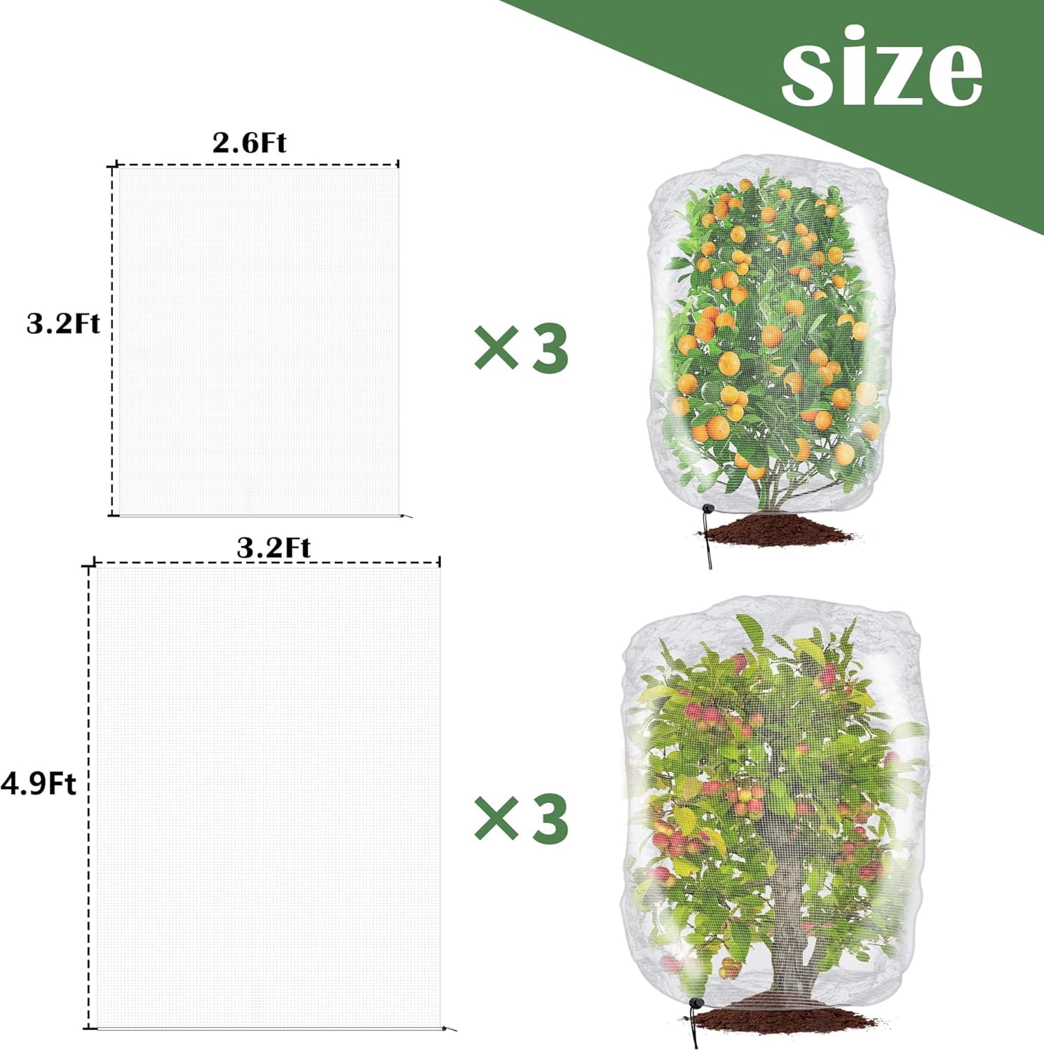 6 Pcs Insect Bird Barrier Tree Net with Drawstring, 2 Sizes Garden Bird Netting Plant Cover, Fruit Tree Netting for Protect Plants Fruits Flowers from Insect Bird Eating
