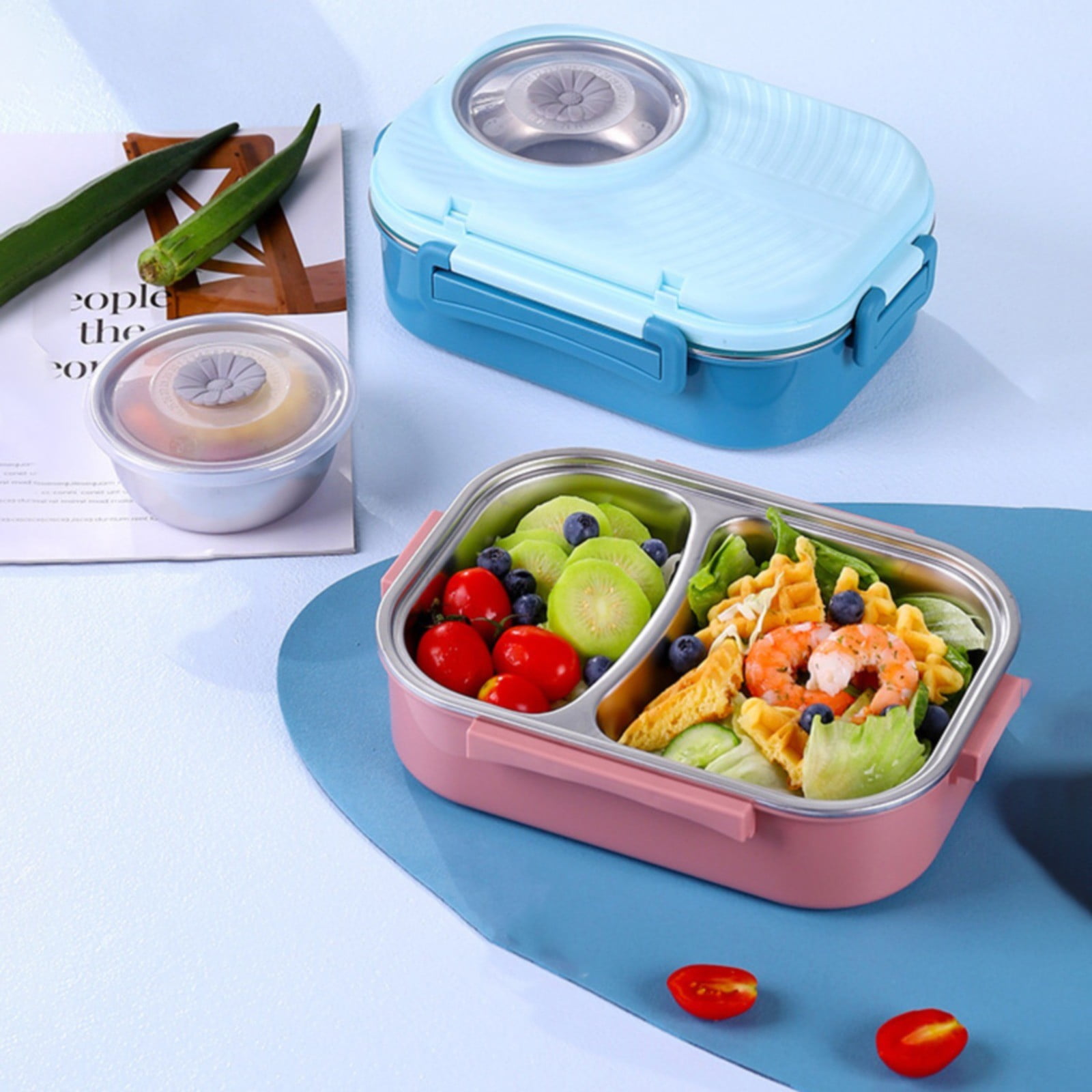 Bento Lunch Box, 304 Stainless Steel Portable Leakproof Lunch Food Containers Set with 2 Compartment for Adults - with Chopsticks Spoon Soup Bowl Gift for Friends, Family (Navy) Multisize