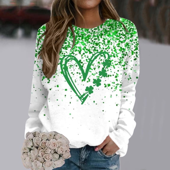 St. Patrick's Day Sweatshirts for Women Long Sleeve Crewneck Irish Sweatshirts Irish Clover Shirts for Women Green Shirts for Women Irish Gift Casual Loose Long Sleeve Fit Tops(Green,S)