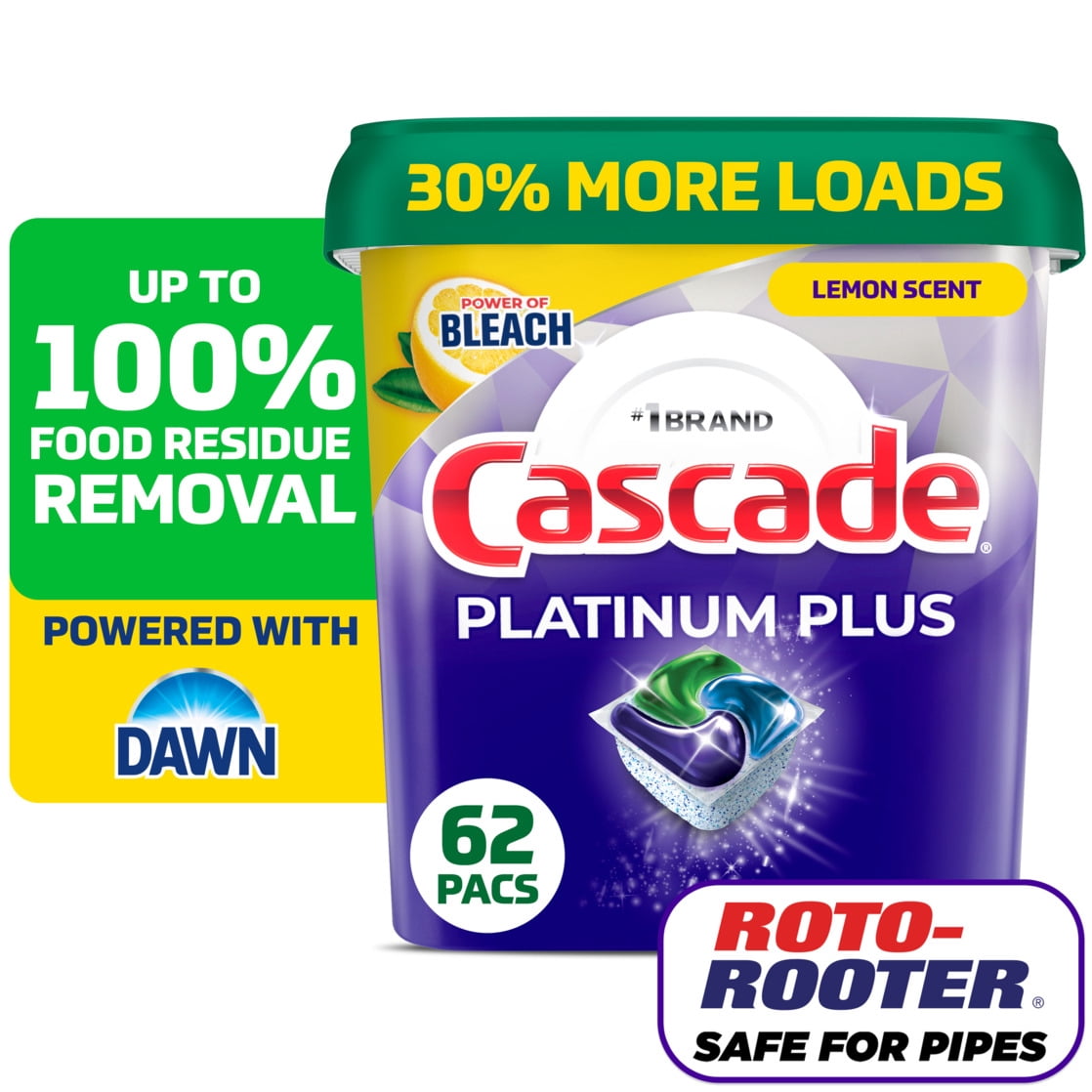 (2 pack) Cascade Platinum Plus Dishwasher Pods, Lemon, 62 Count