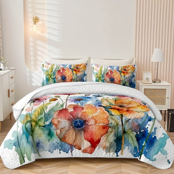 Flymme Floral Quilts for King Bed,3 Pieces Watercolor Art Botanical Print Bedspread Coverlet with Pillowshams Lightweight Quilt Bedding Sets for Bedroom