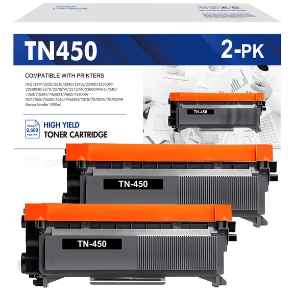 TN450 Toner Cartridges 2-Pack High Yield Replacement for Brother TN450 TN-450 TN420 TN-420 HL-2270DW HL-2280DW DCP-7065DN MFC-7360N MFC-7860DW HL-2240D DCP-7060D MFC7460DN MFC7240 Printer (Black)
