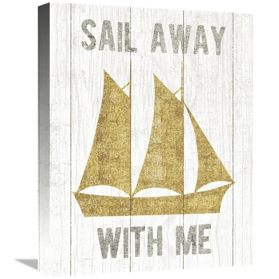 Global Gallery's 'Beachscape V Boat Quote Gold Neutral' By Michael Mullan Stretched Canvas Wall Art