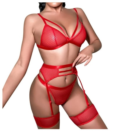 

KDDYLITQ Women s Plus Size Babydoll Lingerie Teddy Sexy Lingerie Set Strappy Lace Bra and Panty Sets with Garter Red L