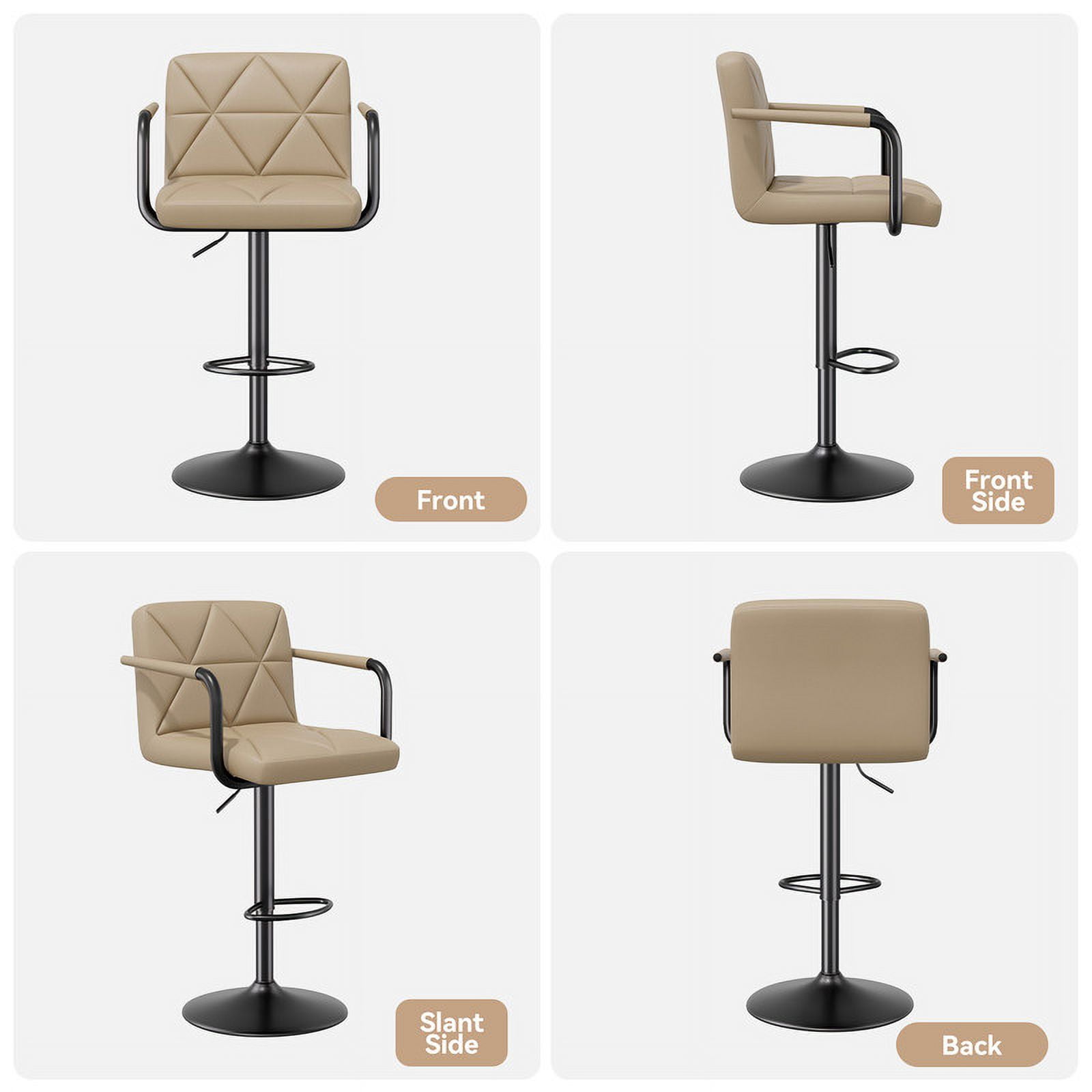 Hawsaiy Modern Bar Stools Set of 2, PU Leather Adjustable Swivel Bar Chairs with Armrests and Back, Hydraulic Counter Height Stools with Footrest for Kitchen Island, Dining Room, Bar, Khaki