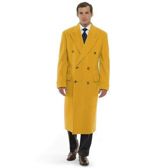 Men's Dress Coat 44 Inch Long Length Gold Double Breasted Wool Blend Overcoat