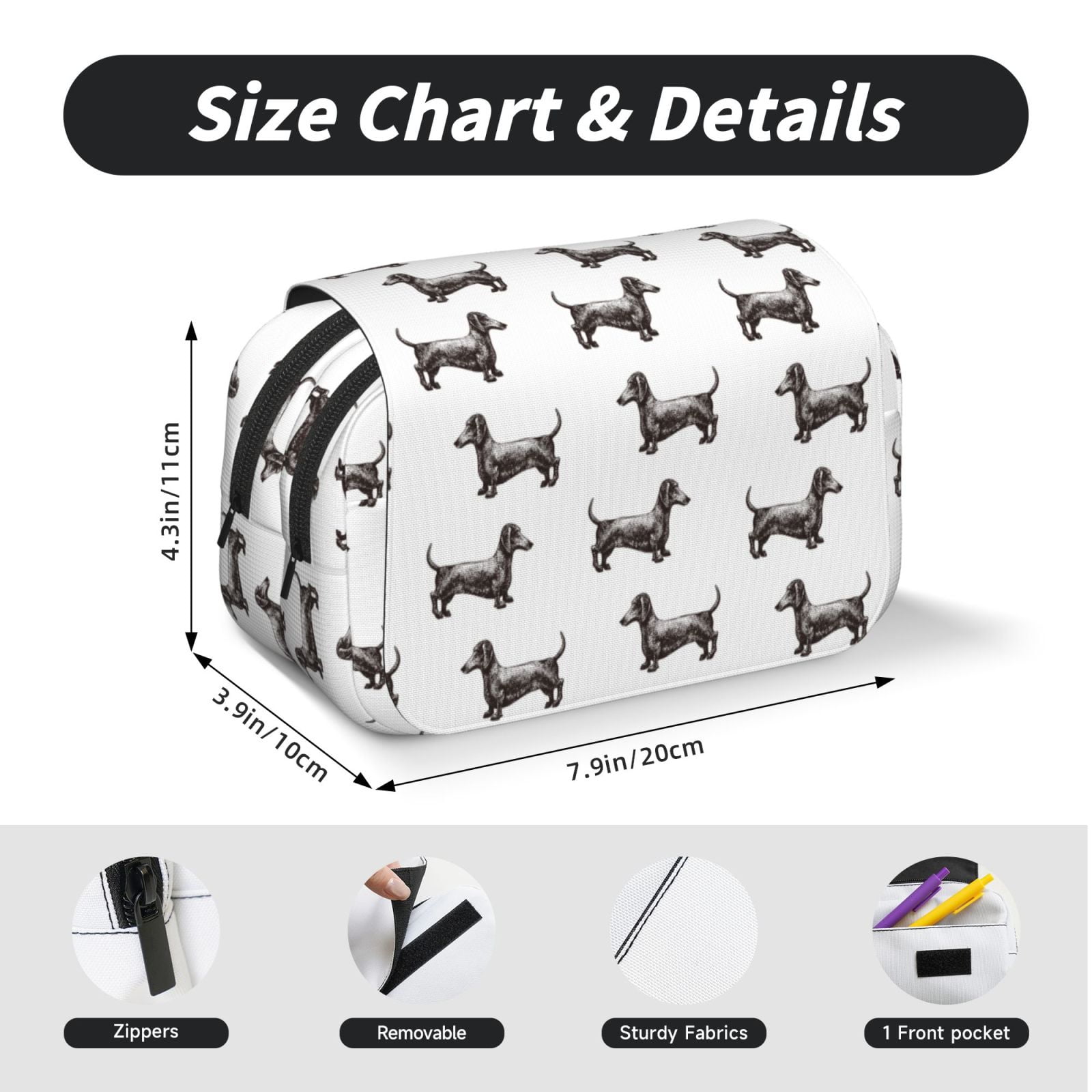 Rateoe Dachshund Dog Puppy Pattern Double Clamshell Pen Case, Storage Organizer with Two Zipper Compartments– Holds Up to 50 Pencils & Pens