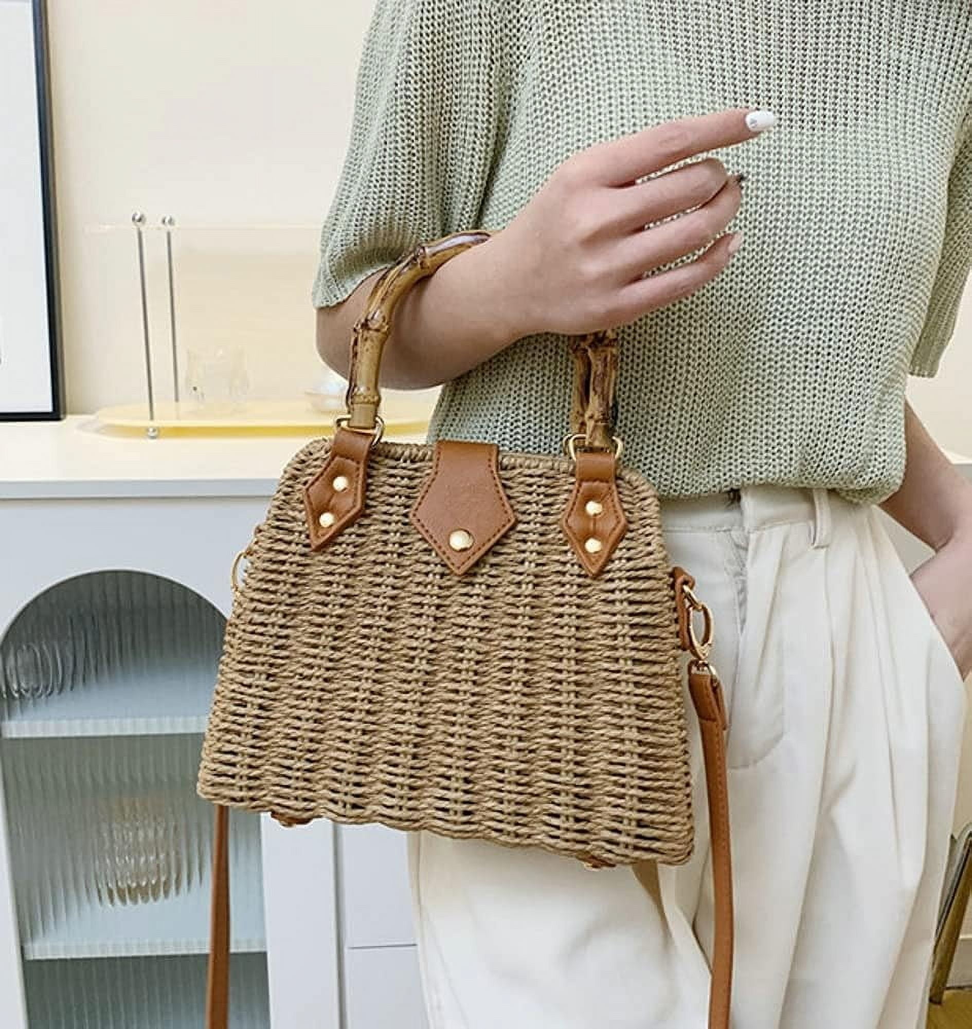 Kukuzhu Straw Tote Bag for Women Rattan Crossbody Handbags Woven Wicker Clutch Purse Imitation Bamboo Top Handle Shoulder Bag
