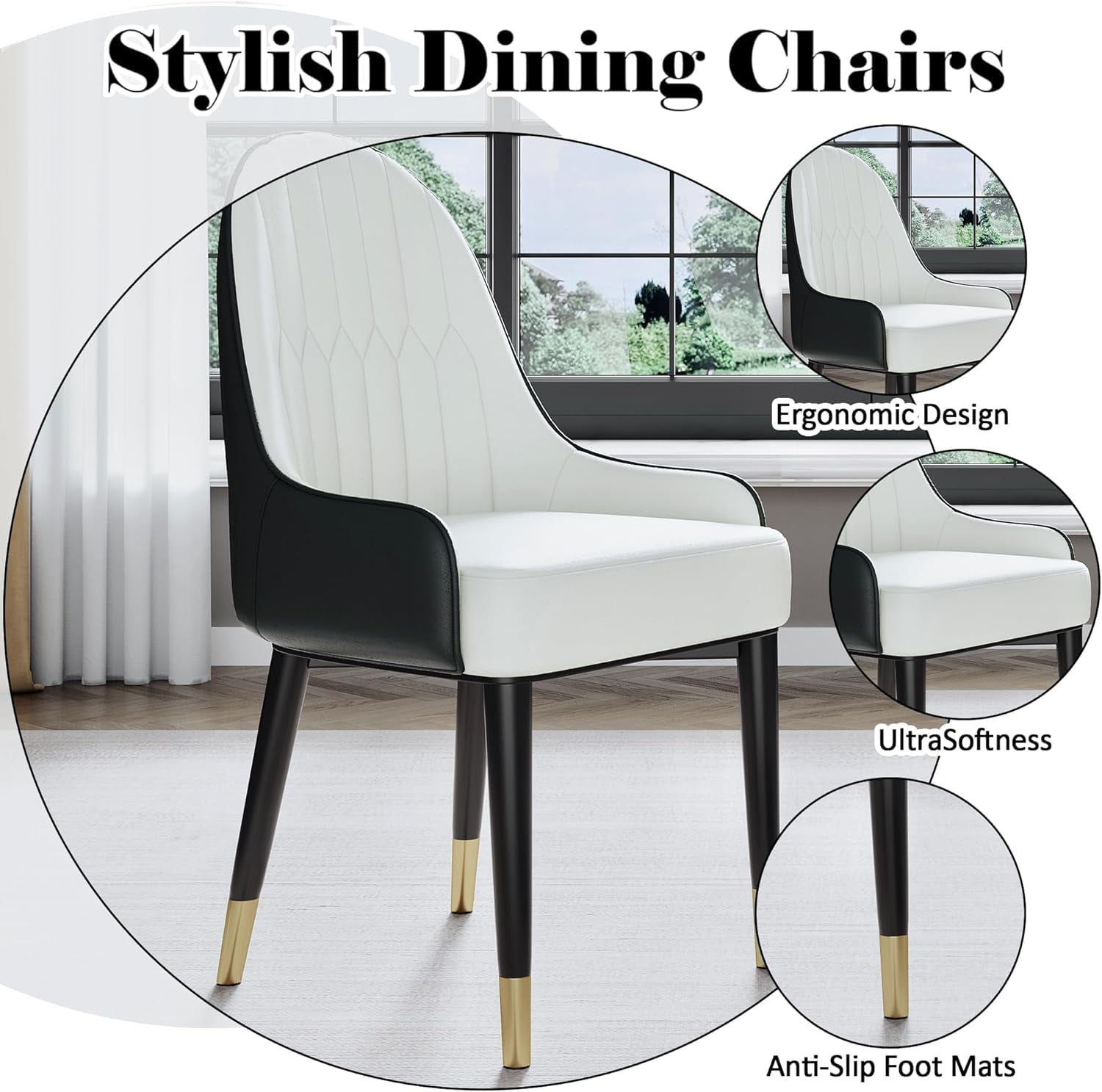 2-Piece Dining Chairs Set, Black-White PU Faux Leather Upholstery with Metal Frame, Modern Design for Kitchen, Living Room, Office