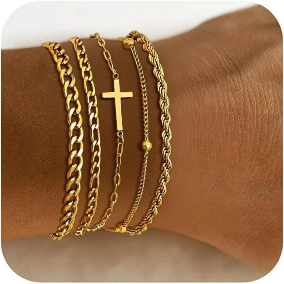 Cross Bracelets Gold Jewelry Gifts - 14K Gold Plated Layered Bracelet Snake Cuban Chain,Stackable Christian Bracelet Pack Womens Trendy Jewelry,Easter Christmas Christian Gift For Her Mom Gi[o4349]