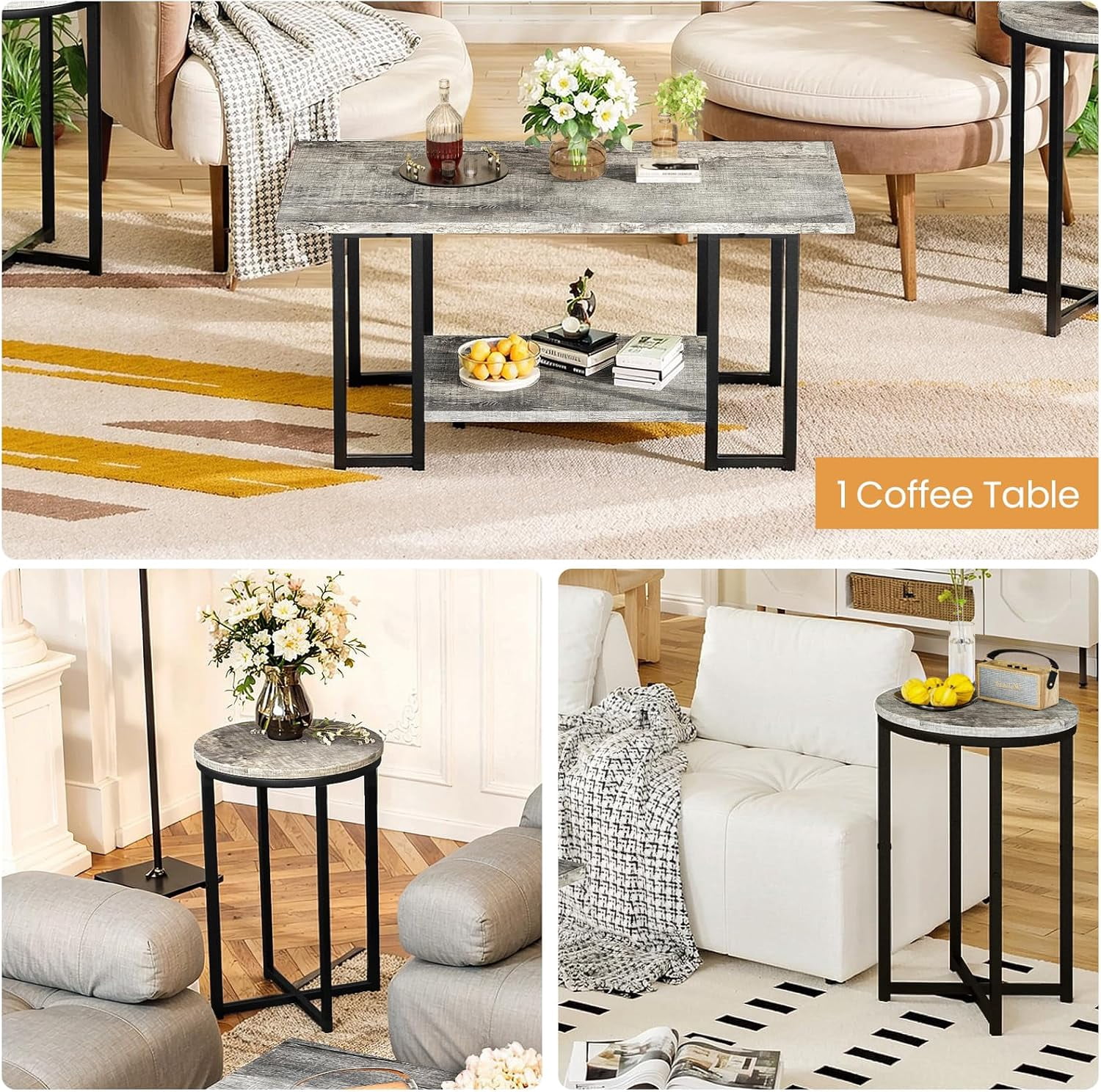 Cvortll 3-Piece Living Room Table Set, Coffee Table with 2 Round End Tables, Faux Marble Top & Metal Frame, for Apartment & Home, Gray