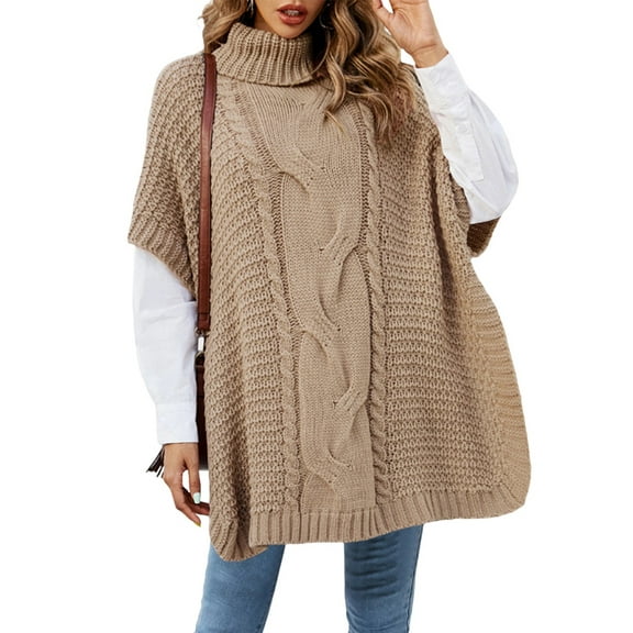 Women Elegant High-Neck Poncho Sweater Batwing Cable Knitted Slouchy Wrap Pullovers Sweater Cape Shawl Warm Tops Khaki S