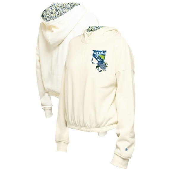 Women's New Era Cream New York Rangers Glam Game Quarter-Zip Cropped Floral Hoodie Pullover