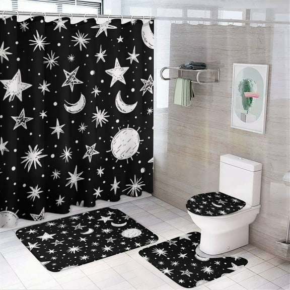 Black And White Starry Night Pattern Shower Curtain Waterproof Bathroom Curtain Set with Hooks Home Decor Bathroom Curtains 4pcs
