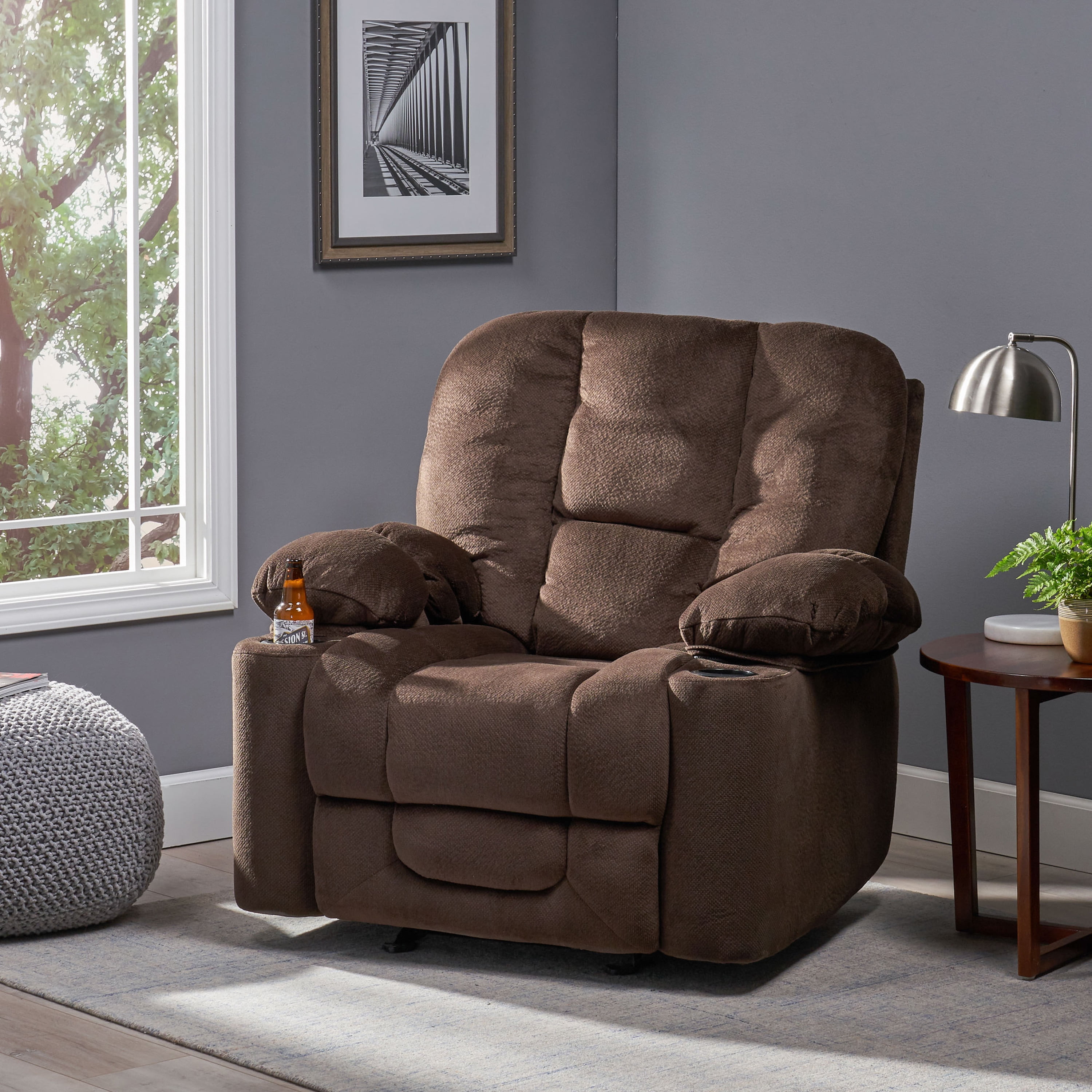 Euroco Luxurious Manual Recliner Chair in Chocolate with Skin-Friendly Fabric and Dual Cup Holders