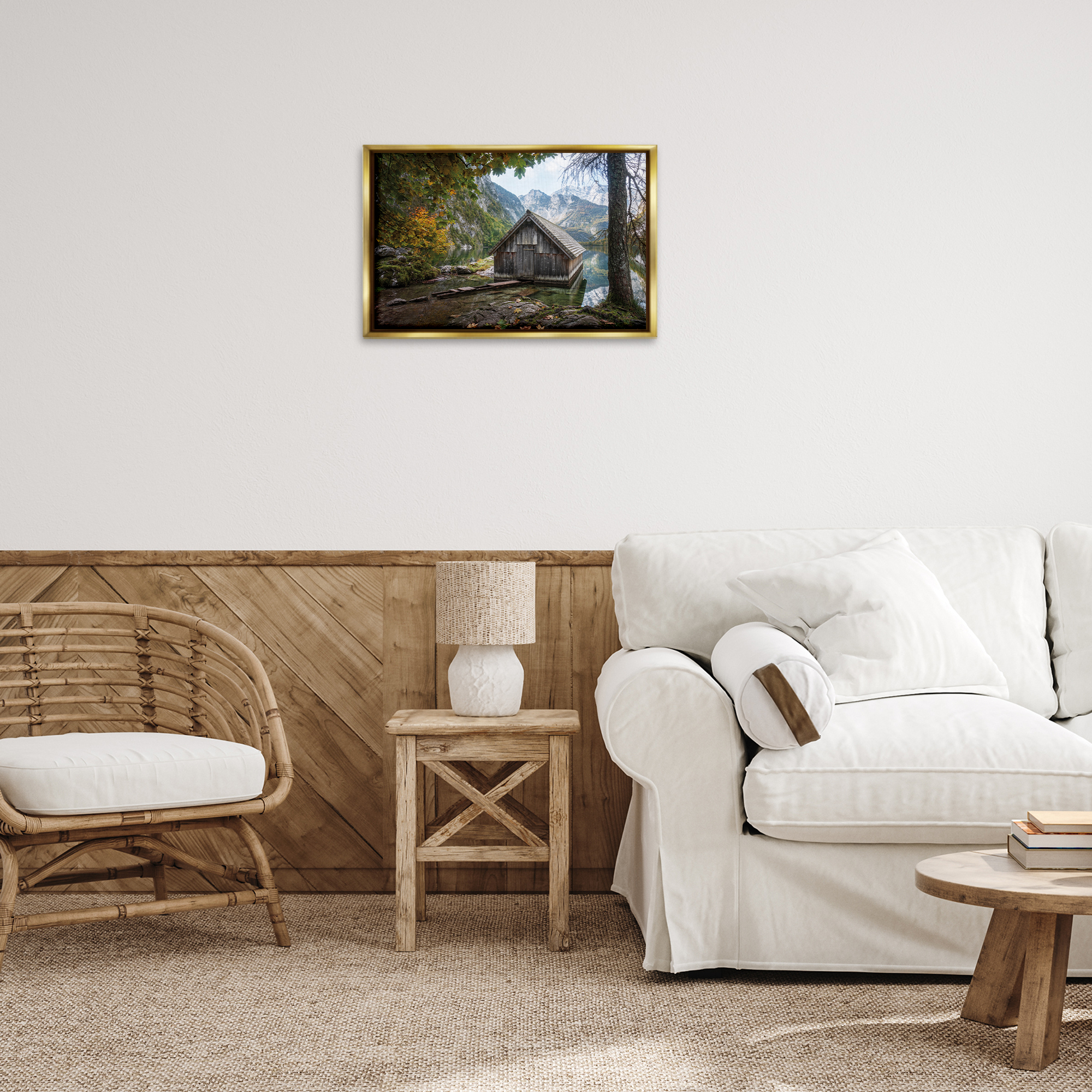Stupell Industries Mystical Cabin on Lake Landscape & Nature Photography Gold Floater Framed Canvas Art Print Wall Art, 25 x 17