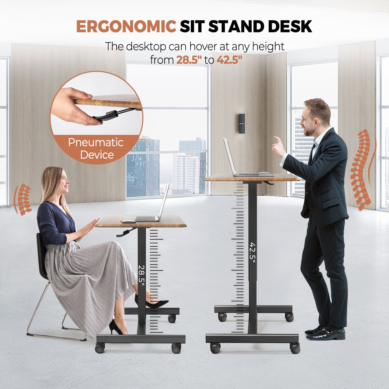 MAYEERTY Mobile Laptop Stand Rolling Desk with Adjustable Height for Home, Office, Brown