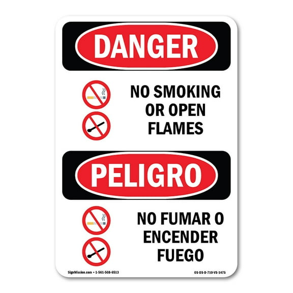 OSHA Danger Sign - No Smoking Or Open Flames Bilingual | Decal | Protect Your Business, Construction Site, Warehouse & Shop Area |  Made in The USA