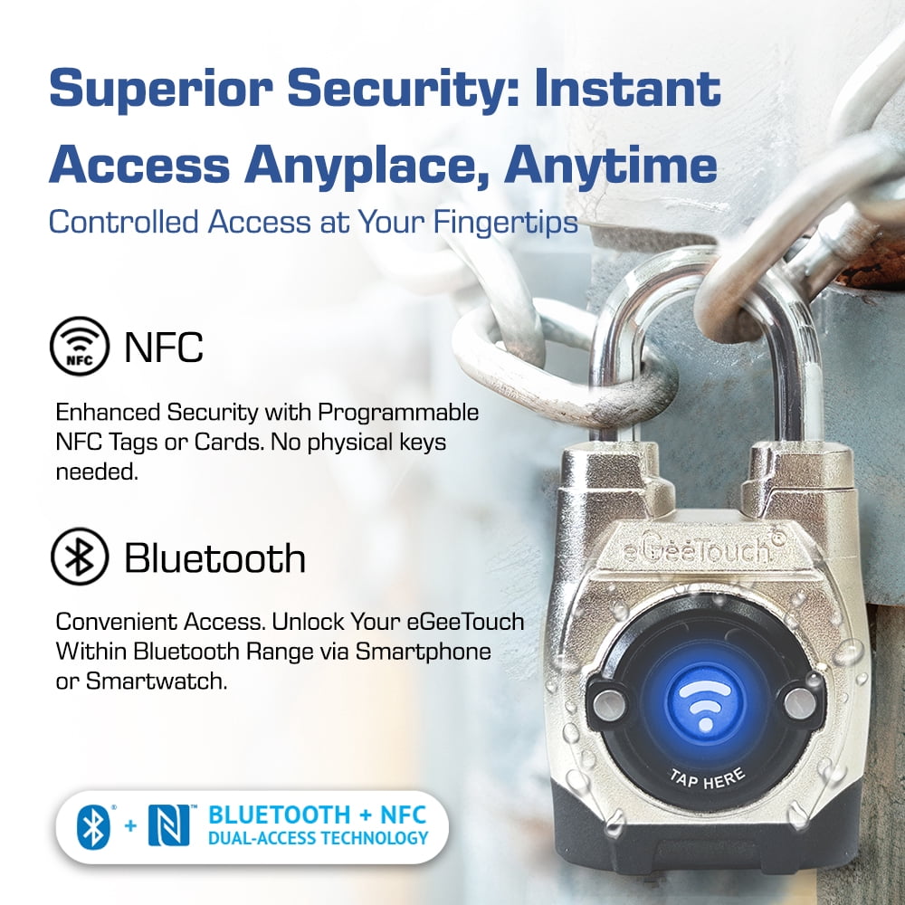eGeeTouch Outdoor Smart Padlock - with Bluetooth & NFC, 5th Gen, Long shackle
