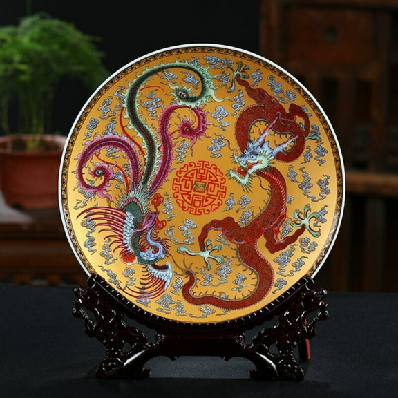26Cm Chinese Qing Qianlong Rose Porcelain Dragon Phoenix Pattern Plate -