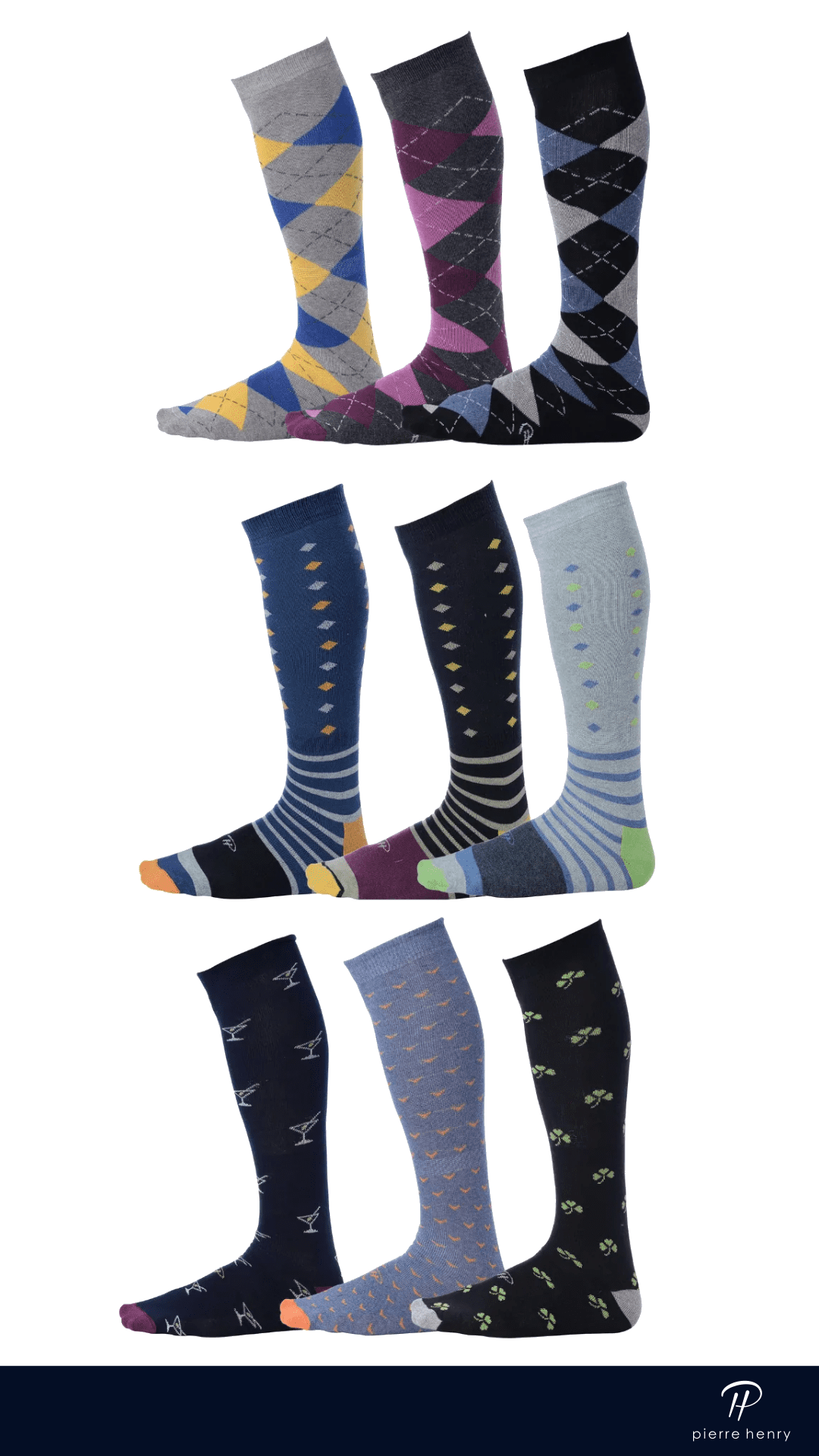 Pierre Henry Over the Calf Socks for Men (9 pairs) Colorful Funky