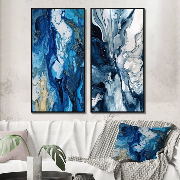 Designart "Blue Grey Ethereal Elixir IX" Abstract Framed Wall Art Set Of 2 - Blue Abstract Frame Gallery Set For Office Decor