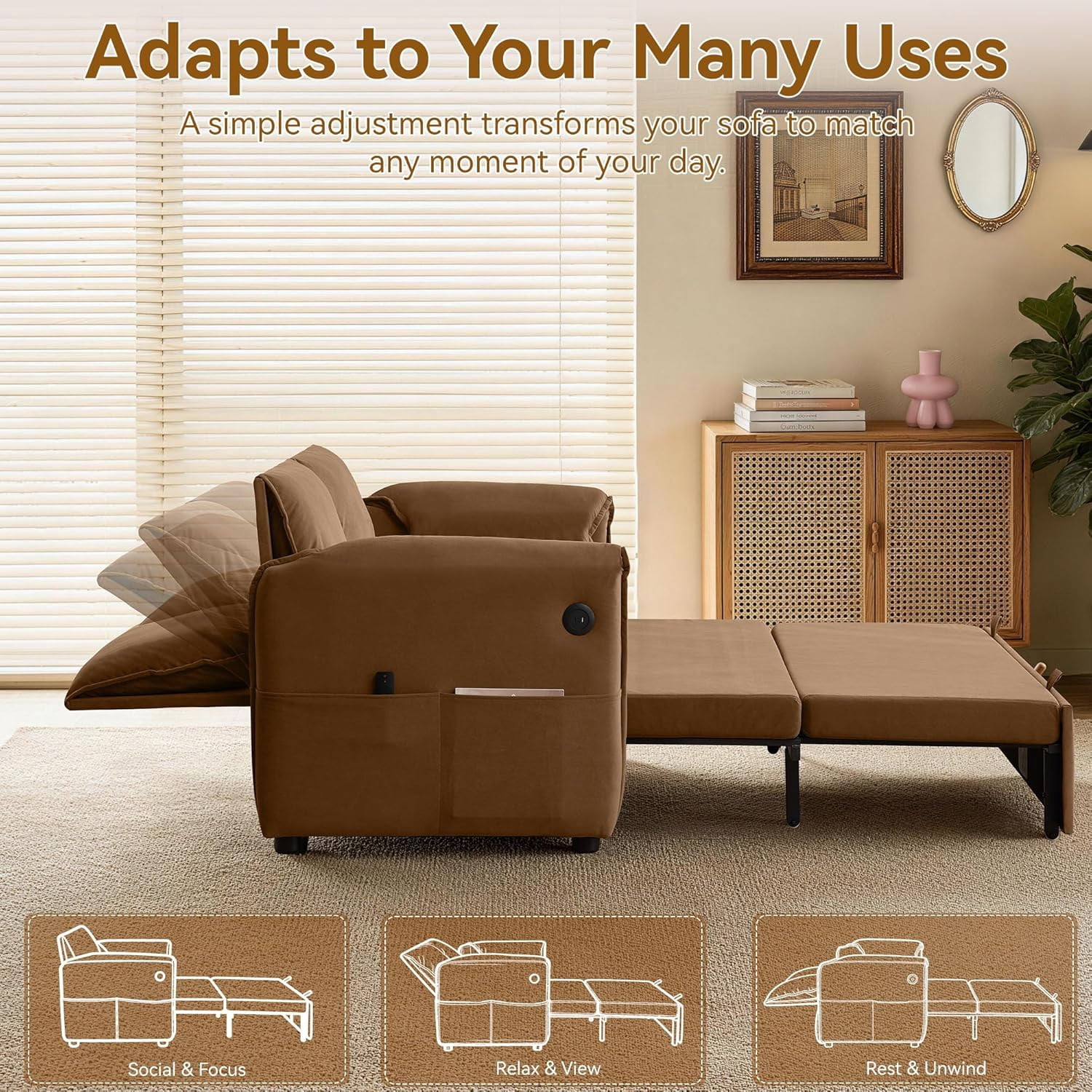 63" Velvet Pull Out Couch, 3-in-1 Convertible Sleeper Sofa Bed with Adjustable Backrest, USB Charging Ports, Side Pockets, Modern Loveseat for Living Room, Bedroom, Apartment, Brown