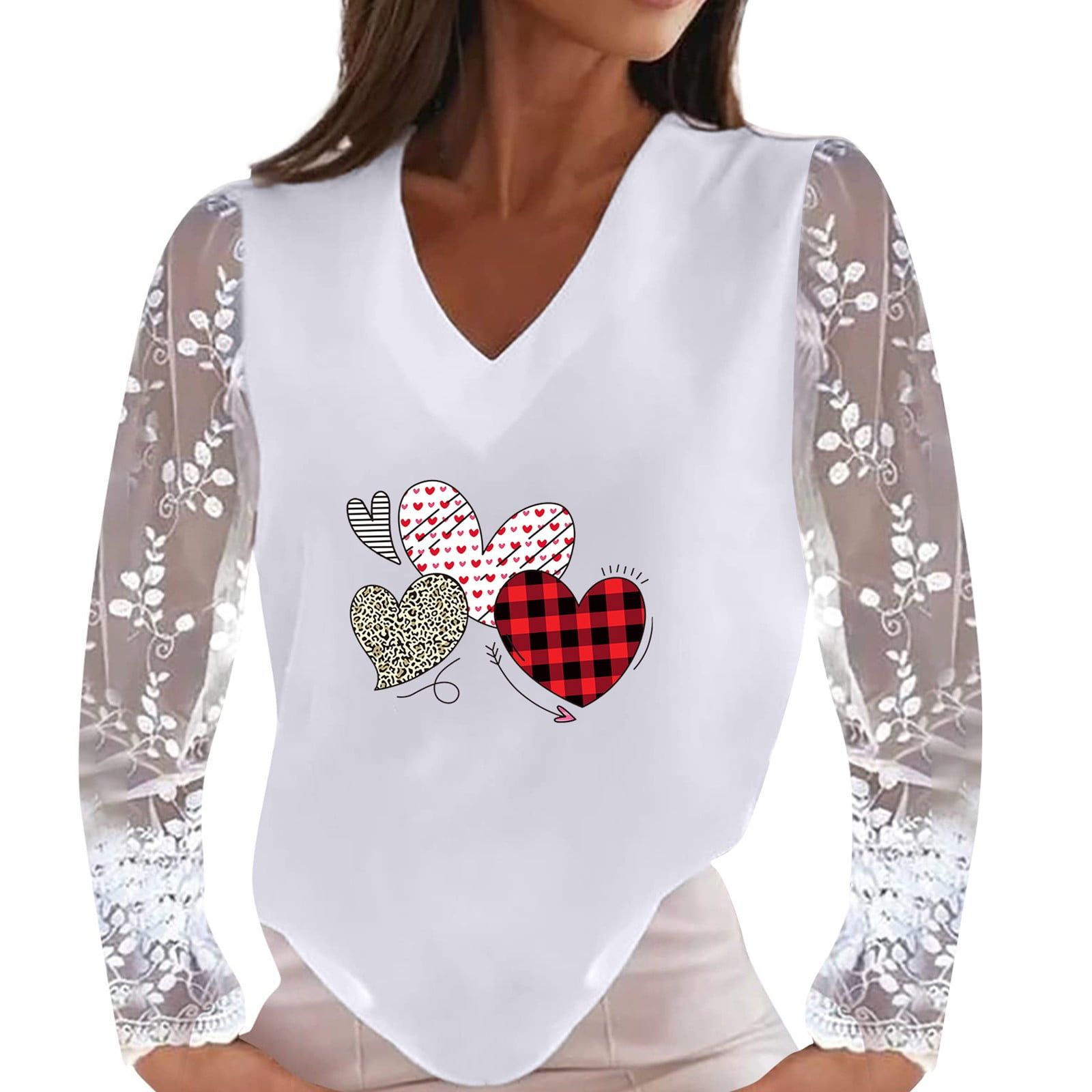 Women Casual Lace Long Sleeve Patchwork V-Neck Pullover Heart Print T-shirt Tops Plus Size Blouses Shirt Dressy for Fall