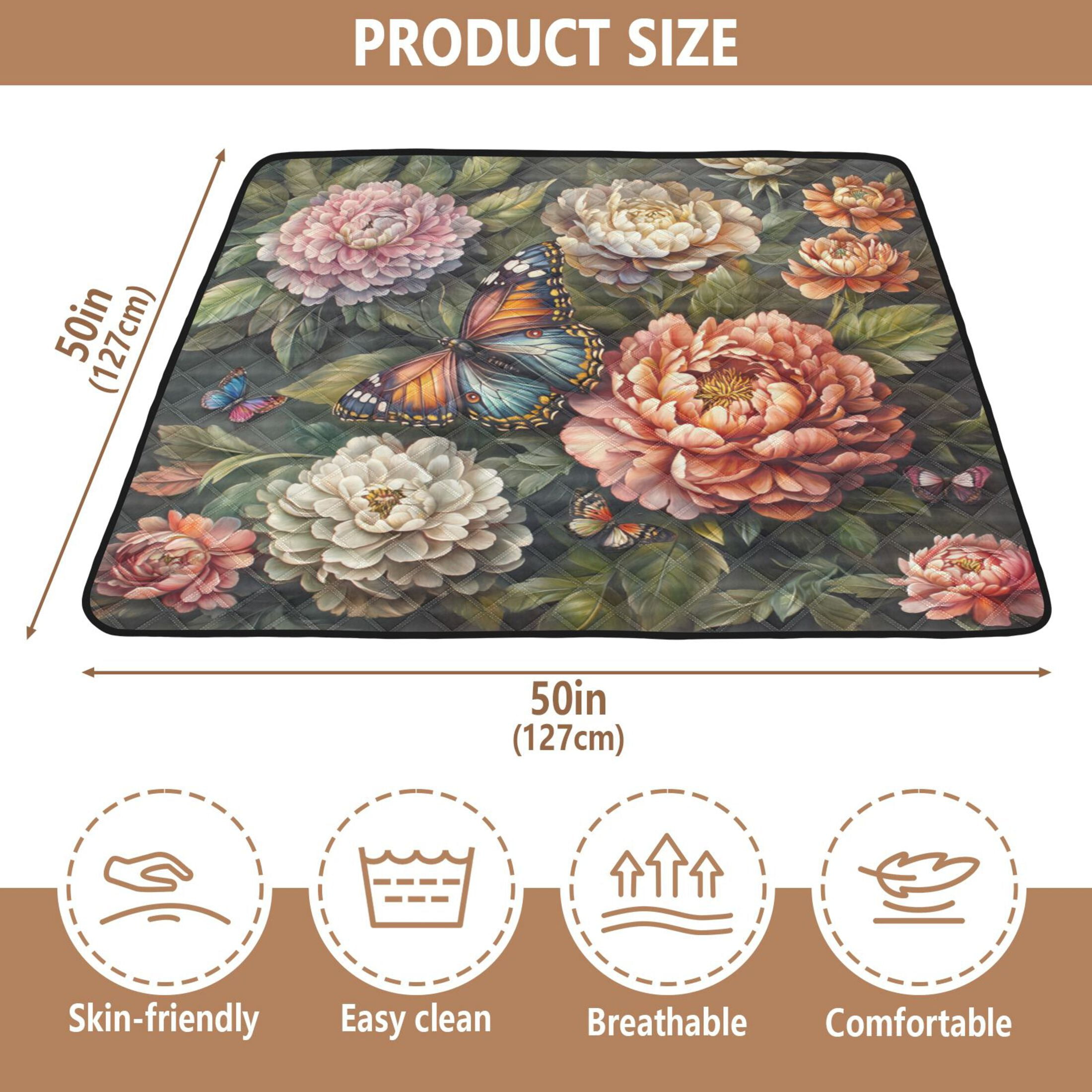 WOBOGO Peony Butterfly Painting Baby Playmats Extra Large Waterproof Rollable Activity Pads for Toddlers 50×50inch