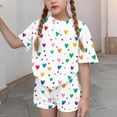 thumbnail image 3 of Girls Kids & Youth 2 Piece Outfit Soft Stretchy Breathable Summer Matching Shorts Set Rainbow Heart Print Polyester Spandex T-Shirt and Shorts,Size 3-4T, 3 of 8