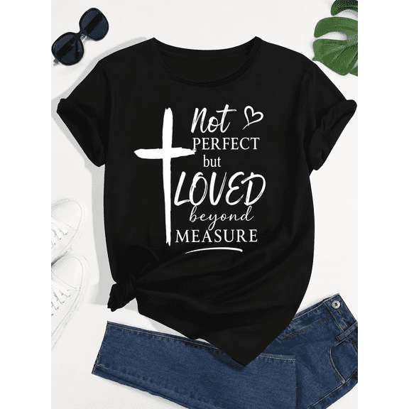 Women's Christian Inspirational Graphic T-Shirt, Faith Cross Print Crew Neck Short Sleeve Casual Tee for Everyday Wear