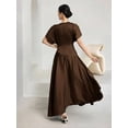 thumbnail image 2 of Coffee Brown Solid Color Round Neck Batwing Short Sleeve Pleated Maxi Dress For Women, 2 of 7