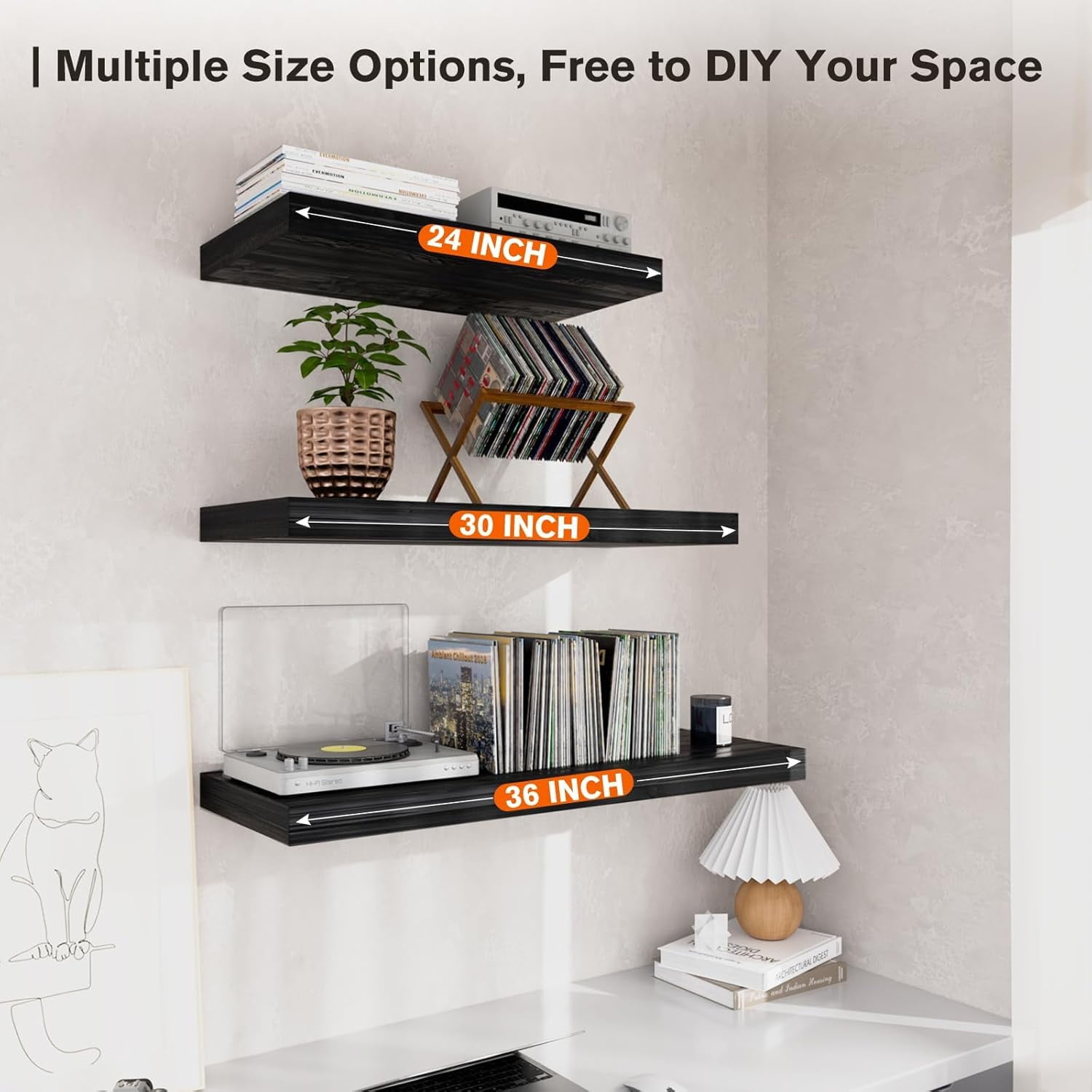 Dumekko Large Floating Shelves for Wall Set of 2 Wooden Wall Shelves 24 in x 10 in x 1 in Room Decor Long Shelf with Invisible Wall Mount Bracket for Bedroom, Kitchen, Living Room, Black