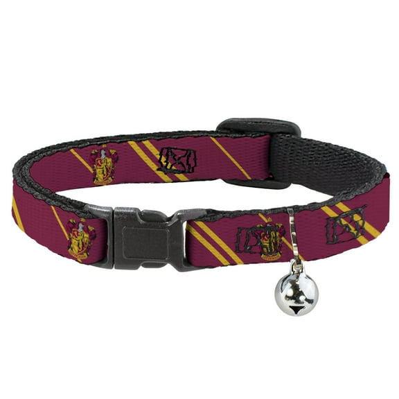 Harry Potter Breakaway Cat Collar With Bell, Plastic Clip, Easy Adjustable, Gryffindor Crest Stripe Burgundy Gold, 8.5 to 12 Inches 0.5 Inch Wide