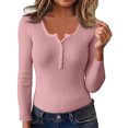 thumbnail image 2 of Women's Long Sleeve Henley Tops Ribbed Knit Slim Fitted Trendy T Shirt Basic Tees Layer 2025 Fall Fashion Outfits Pink XL, 2 of 5