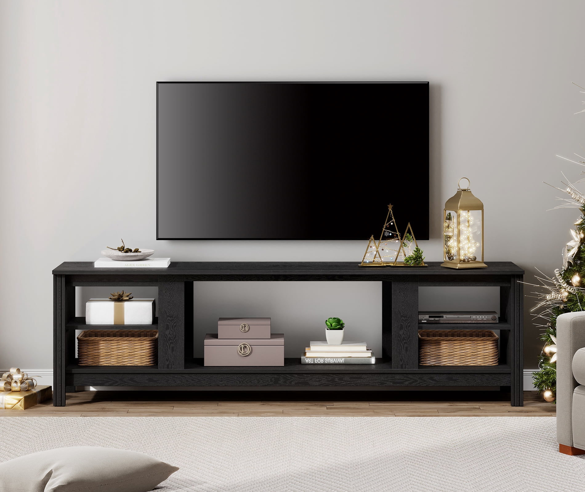 WAMPAT 70 Inch Black TV Stand for 75 Inch TV, Farmhouse Entertainment Center with 6 Open Shelves