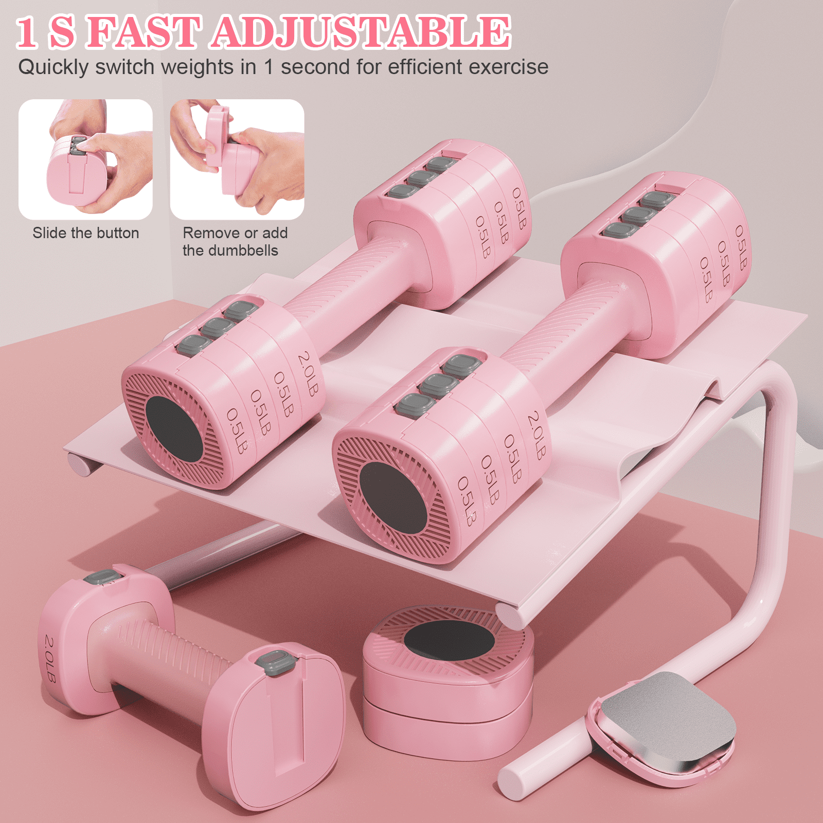 GIKPAL 5lbs*2 Adjustable Dumbbells Set, 4-in-1 Free Weights for Women, Each 2lb 3lb 4lb 5lb Hand Weights for Home Gym, Pink