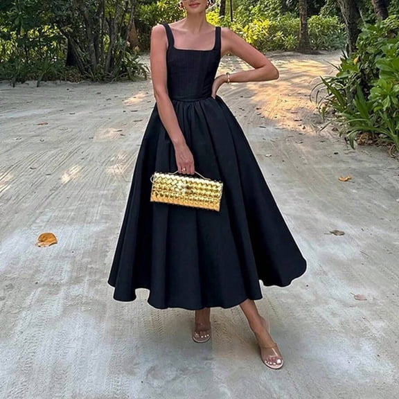 Black Elegant Square Neck Pleated Waist Fit & Flare Formal Midi Dress