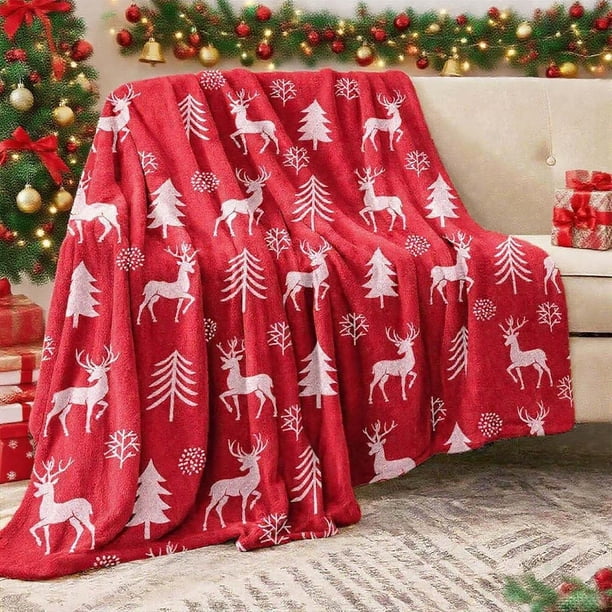 Red Reindeer And Trees Christmas Blanket Red Print Soft Warm Nap Blanket Suitable For Sofa Bed Camping Festival