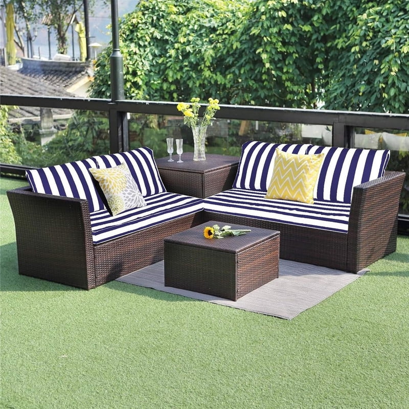 Outdoor Loveseat Cushion Set, Water Resistant chair cushion for patio furniture 48 x 24 inch, Outdoor Sofa replacement Cushions with Ties, Deep Seat Cushions（Blue and white）