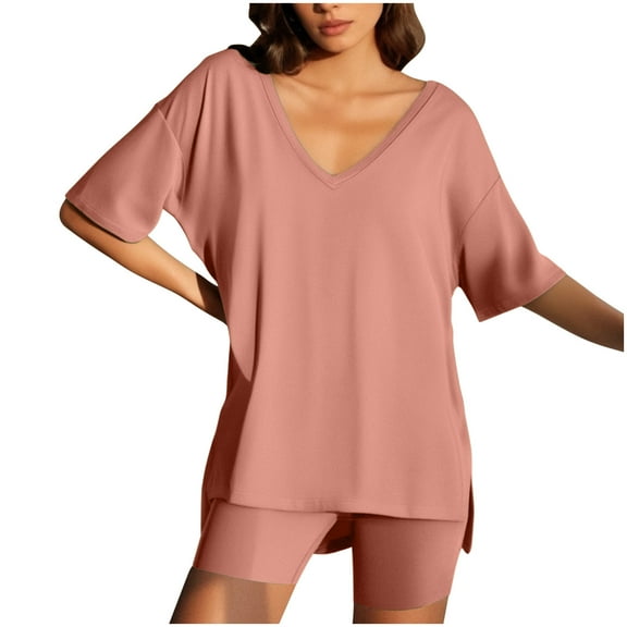 Chbgutlmr Lounge Sets for Women 2 Piece V Neck High Low Side Split Loose T Shirt Short Leggings Casual Outfits
