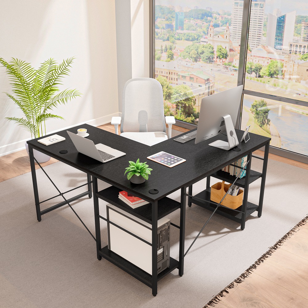 Bestier 86.6 inch L Shaped Desk with Shelves 2 Person Long Table Black - image 4 of 9