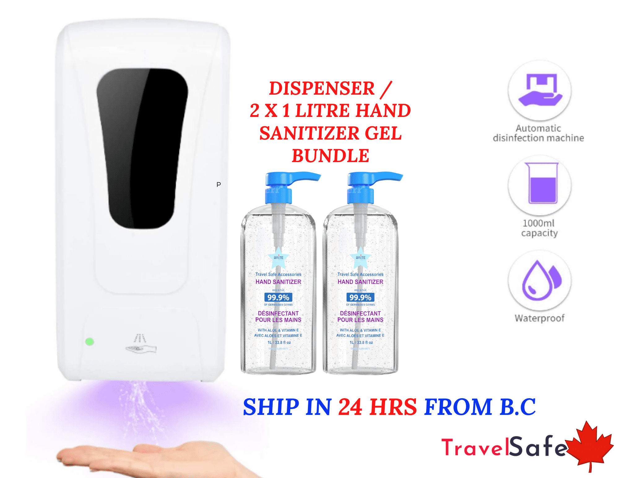 Automatic Touchless Hand Sanitizer Dispenser + 2 x 1L TravelSafe Hand