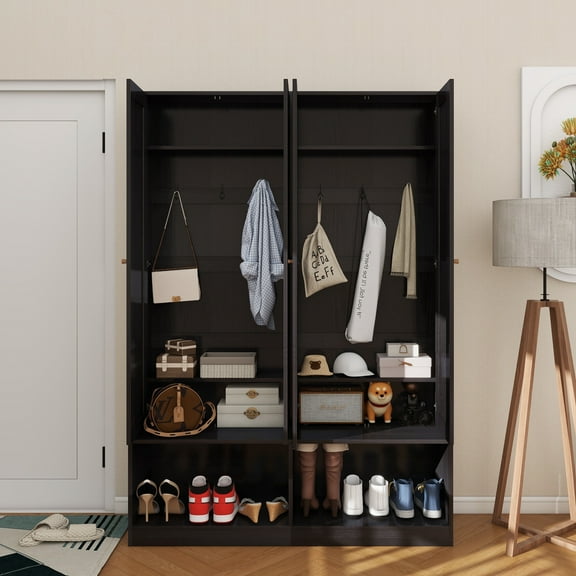 Farmhouse Widen Hall Tree with 4 Rattan Doors, Versatile 4-In-1 Seating Bench with 6 Hooks, Mid-Century Entryway Shoe Cabinet with Adjustable Shelf for Living Room, Black, 55.1"W