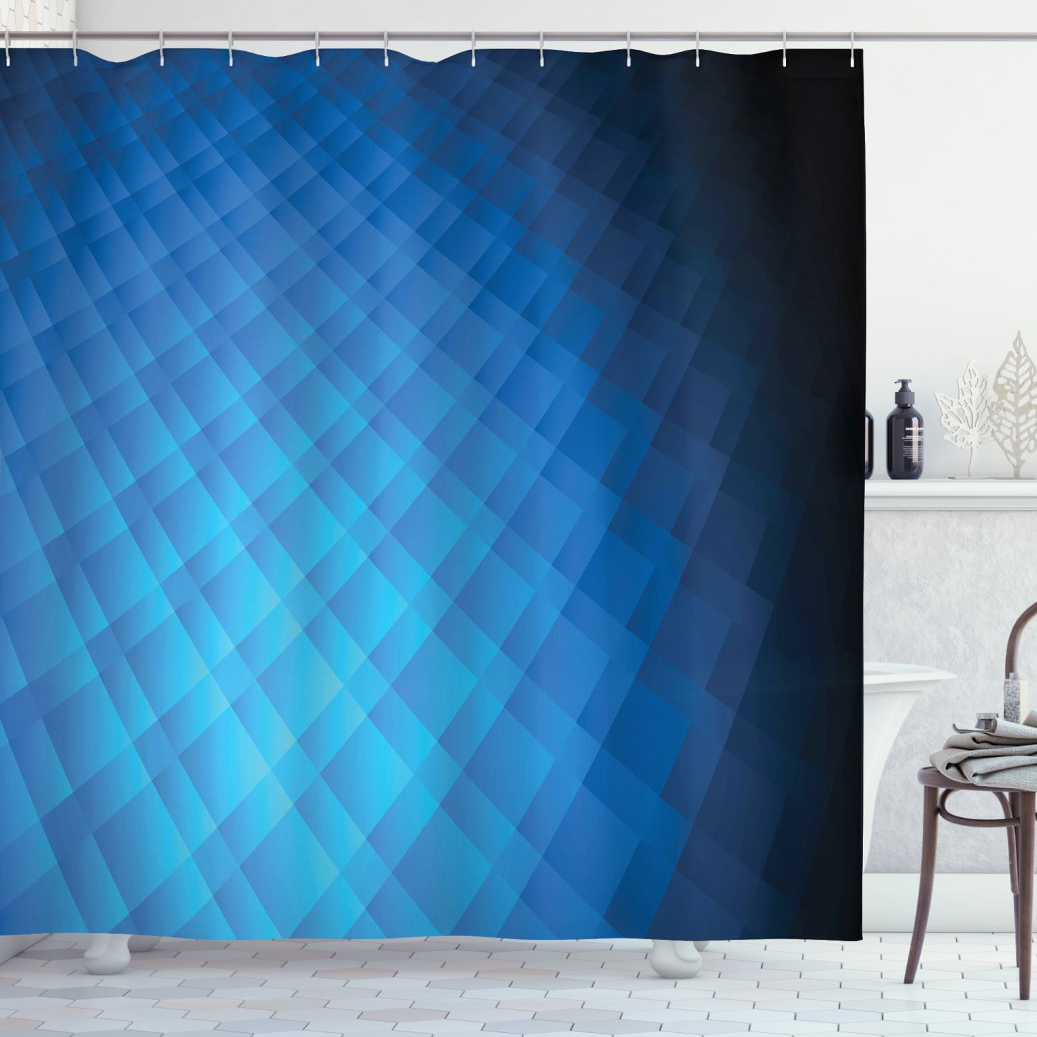 Blue Shower Curtain, Vibrant Geometric Ombre Effect Squares