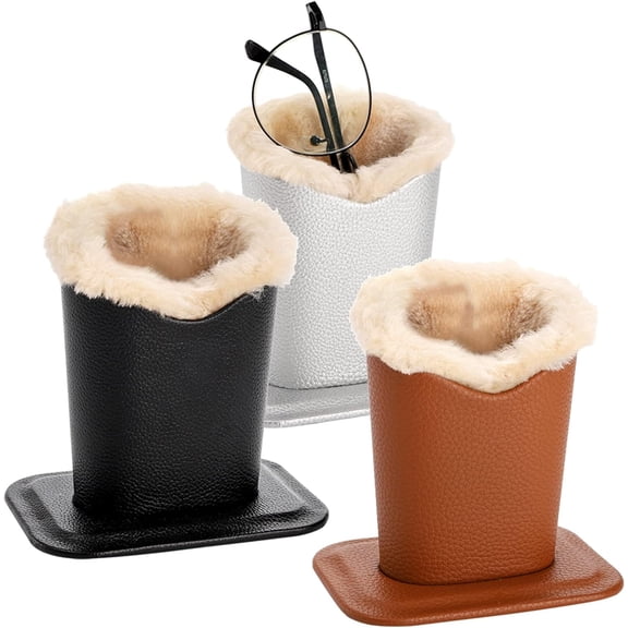 QenASHaing 3 Pack Eyeglass Holder, PU Leather Glasses Display Stand Plush Lined with Base for Desks, Nightstands